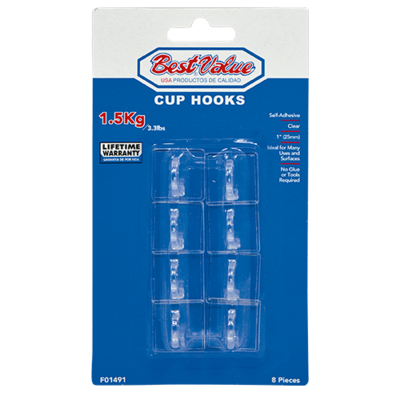 GANCHO CUADRADO TRANPARENTE 1.5KG 25MM. 8PZS BESTVALUE