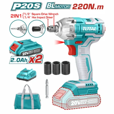 Llave De Impacto 1/2" DE DADOS Y PUNTAS HEXAGONALES 2 EN 1 20V TOTAL 220Nm. 2300Rpm 3300Bpm. Incluye Batería Y Cargador. UTIWLI20208