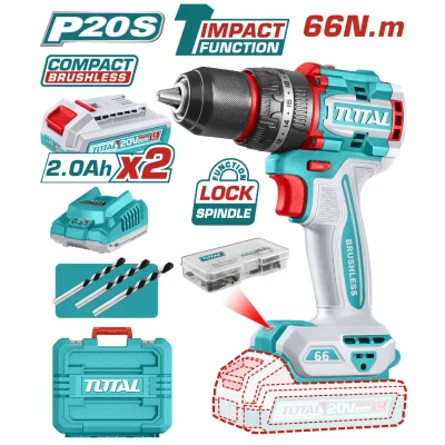Taladro Inalámbrico 20V 1/2" 66Nm Impacto. Motor Sin Escobillas. Incluye 2 Baterías Y Cargador. Super Total. UTIDLI20668